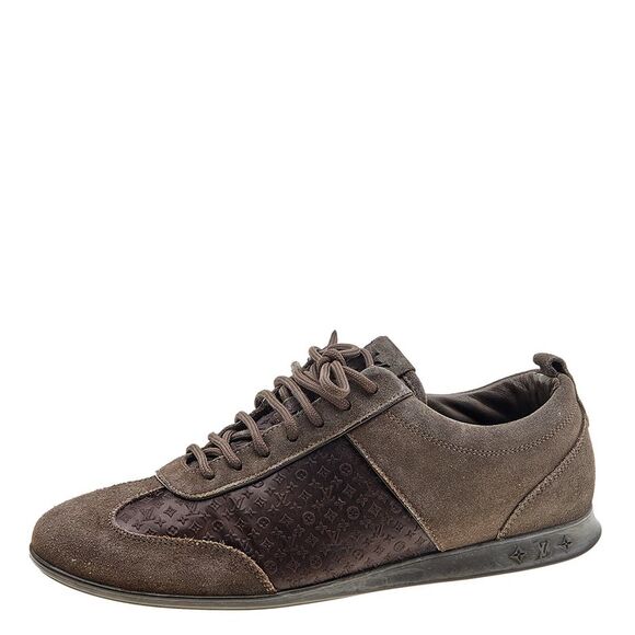 Louis Vuitton Brown Suede And Monogram Satin Low Top Sneakers Size 37.5 - Picture 1 of 4